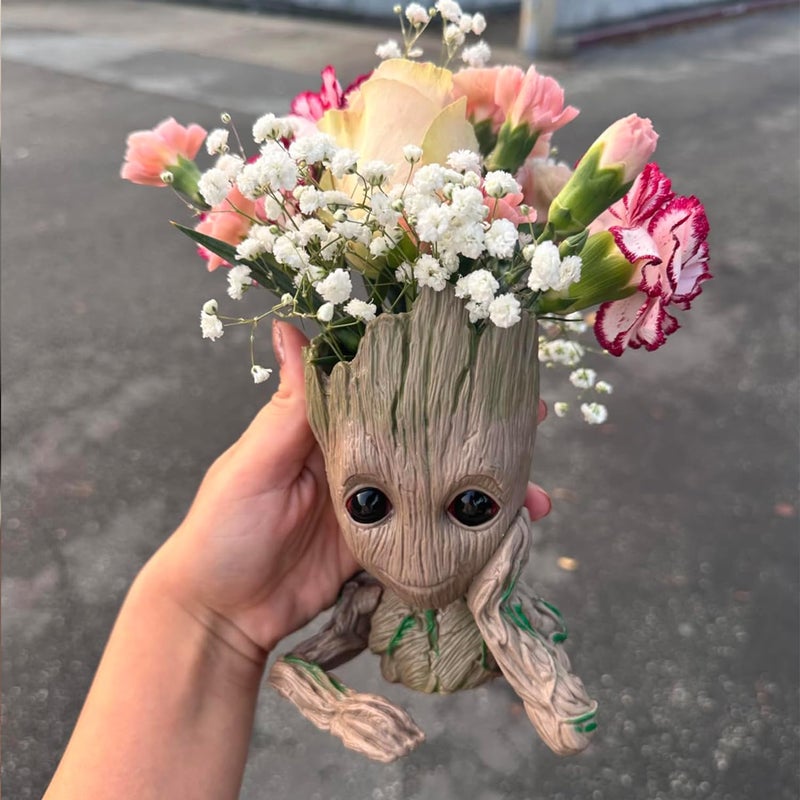 ZUSONUD Baby Groot Pen Pot Tree Man Pens Holder or Flower Pot with Drainage Hole Perfect for a Tiny Succulents Plants 6" (Grayish Brown) - Image 2